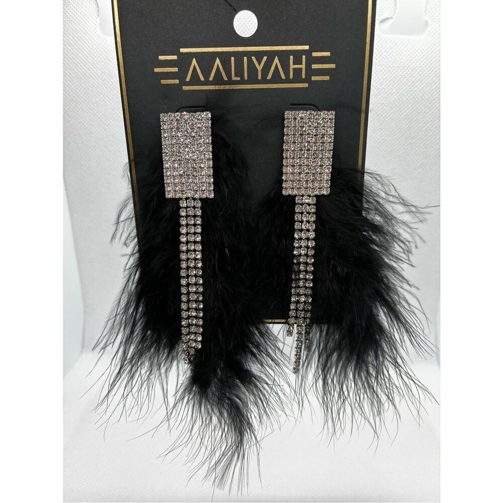 3For$20 Aaliyah 90s Style Black Feather & Crystal Drop Earrings